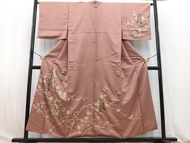 平和屋着物■訪問着 短冊花文 退紅色 金銀彩 正絹 逸品 BAAW2749yc