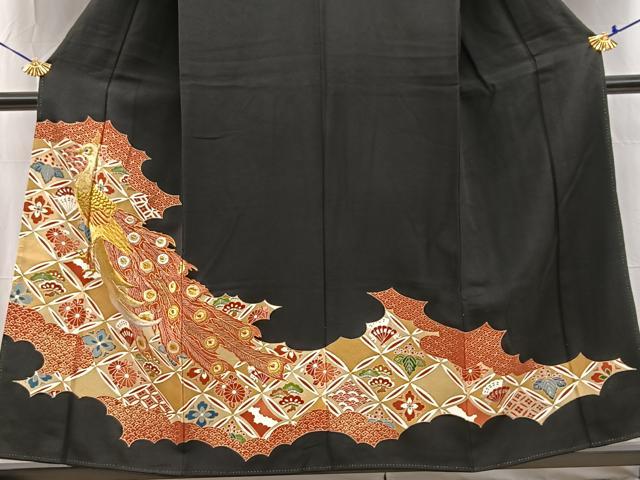 平和屋着物■豪華黒留袖 駒刺繍 孔雀吉祥花文 金彩 銀糸 正絹 逸品 BAAW2861yc