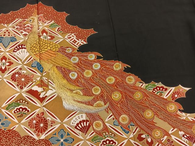 平和屋着物■豪華黒留袖 駒刺繍 孔雀吉祥花文 金彩 銀糸 正絹 逸品 BAAW2861yc