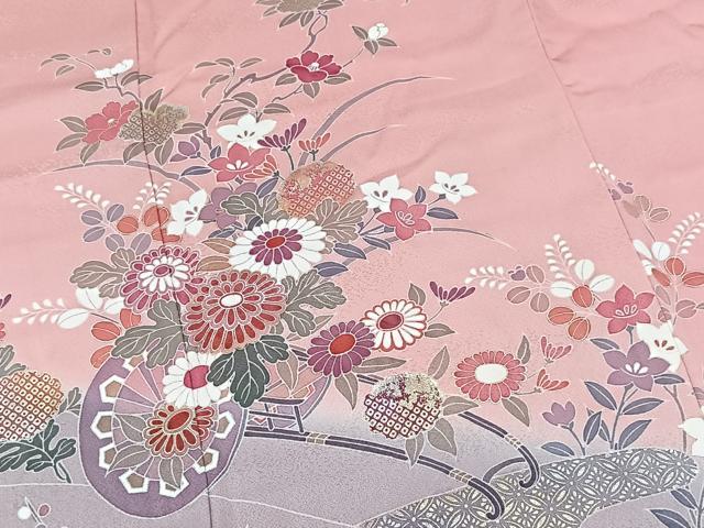 平和屋着物■訪問着 吉祥花車文 退紅色 暈し染め 金銀彩 正絹 逸品 未使用 BAAW2898yc
