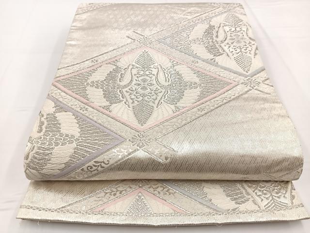 平和屋着物◎六通柄袋帯 唐織 双鶴花文 銀糸 正絹 逸品 BAAW2963yc