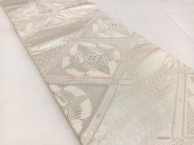 平和屋着物◎六通柄袋帯 唐織 双鶴花文 銀糸 正絹 逸品 BAAW2963yc