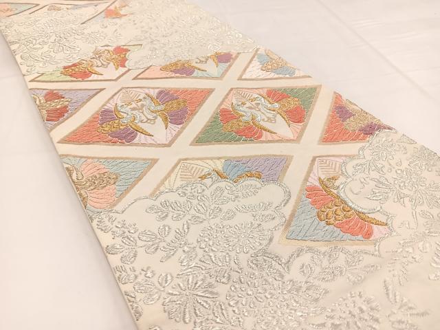 平和屋着物◎六通柄袋帯 唐織 双鶴雲取り花文 金銀糸 正絹 逸品 BAAW2965yc