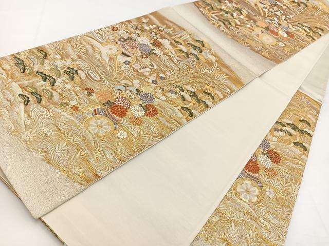 平和屋着物◎六通柄袋帯 唐織 流水花車文 金銀糸 正絹 逸品 BAAW2972yc