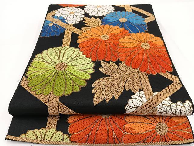 平和屋着物◎六通柄 本袋帯 唐織 竹垣菊文 黒地 金糸 BAAW2983yc