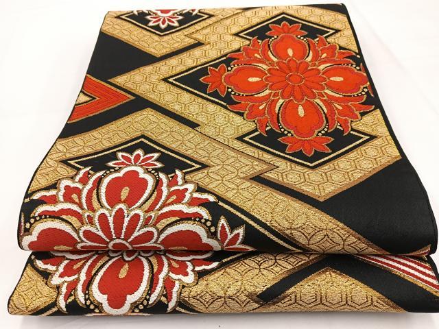 平和屋着物◎六通柄 京袋帯 唐織 松皮菱花文 黒地 金糸 BAAW2988yc
