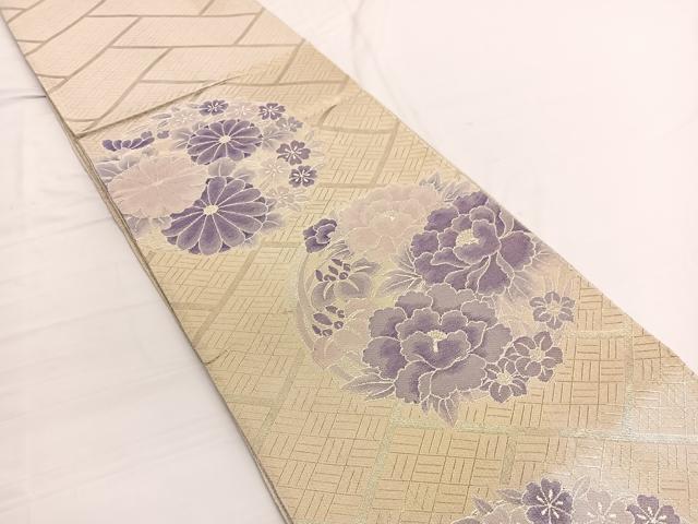 平和屋着物◎佐賀錦 六通柄袋帯 牡丹花丸文 銀糸 正絹 逸品 BAAW3009hv