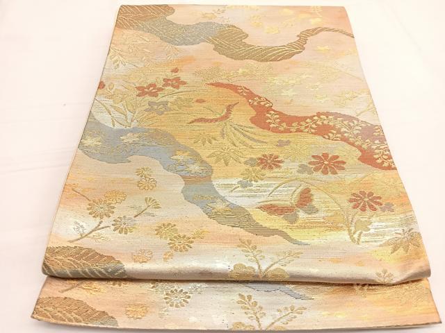 平和屋着物◎六通柄袋帯 鳳凰花蝶文 金糸 引箔 正絹 逸品 BAAW3029hv