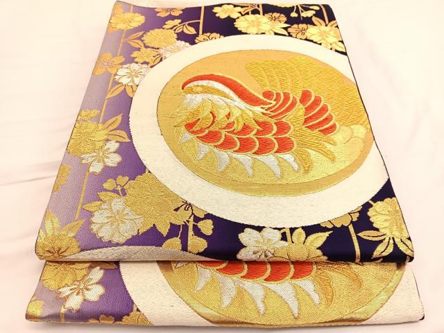 平和屋着物◎西陣 六通柄袋帯 唐織 枝垂れ桜鴛鴦丸文 金銀糸 正絹 逸品 BAAW3034hv