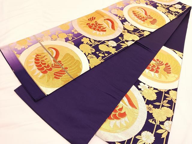 平和屋着物◎西陣 六通柄袋帯 唐織 枝垂れ桜鴛鴦丸文 金銀糸 正絹 逸品 BAAW3034hv