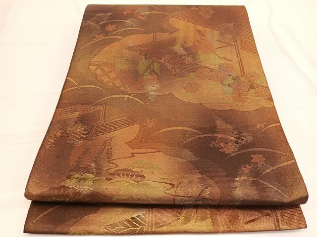 平和屋着物◎六通柄袋帯 人物風景文 金糸 正絹 逸品 BAAW3041hv