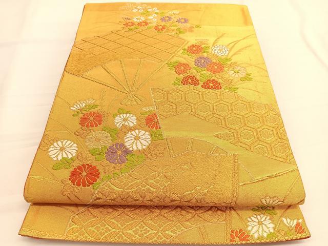 平和屋着物◎六通柄袋帯 唐織 扇面」有職花文 金糸 正絹 逸品 BAAW3042hv
