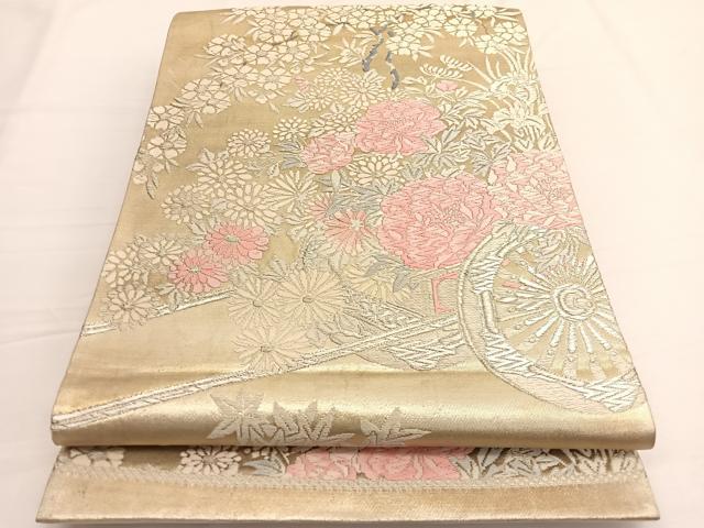 平和屋着物◎六通柄袋帯 唐織 花車文 銀糸 正絹 逸品 BAAW3058hv