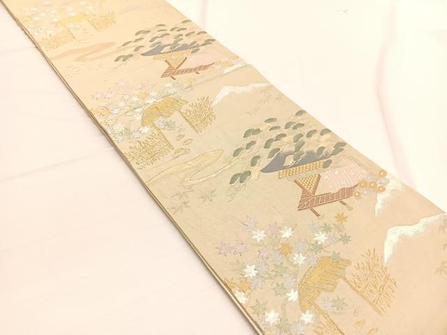 平和屋着物◎六通柄袋帯 風景文 金銀糸 正絹 逸品 BAAW3065hv