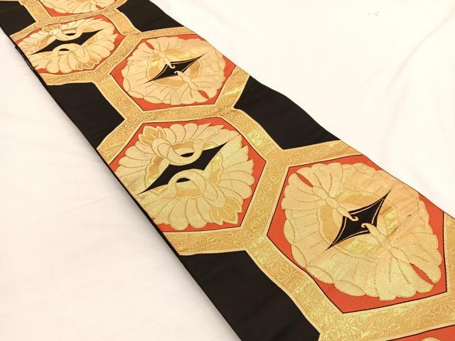 平和屋着物◎六通柄袋帯 双鶴亀甲向かい蝶 黒地 金糸 正絹 逸品 BAAW3114hv