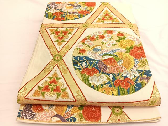平和屋着物◎六通柄袋帯 唐織 流水鴛鴦花文 金銀糸 正絹 逸品 BAAW3122hv