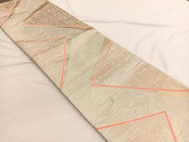 平和屋着物◎六通柄袋帯 唐織 立波色紙飾花文 銀糸 正絹 逸品 BAAW3131hv