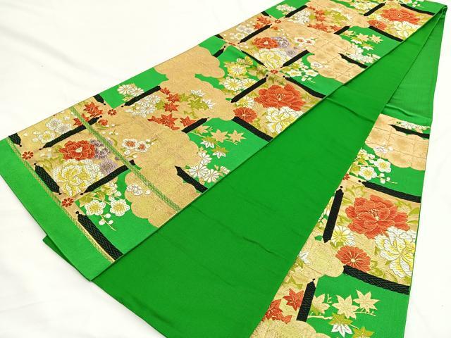 平和屋着物◎六通柄袋帯 唐織 雲取り格子花文 金糸 正絹 逸品 BAAW3155hv