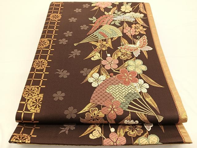 平和屋着物◎両面 六通柄袋帯 扇面花蝶文 金糸 正絹 逸品 BAAW3254hv