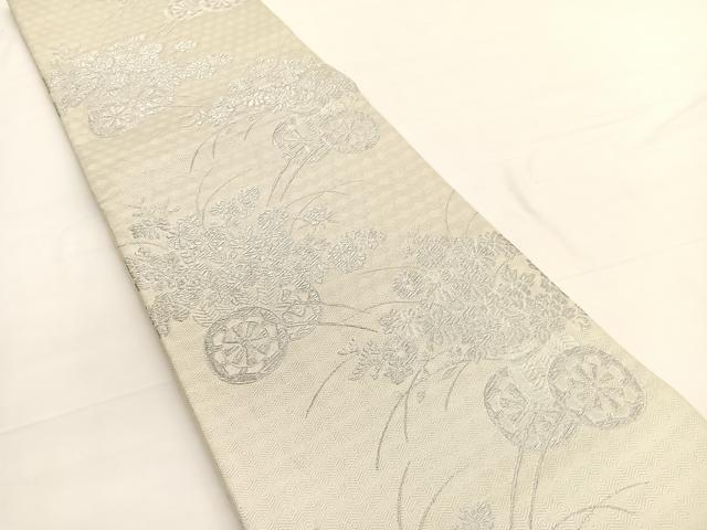 平和屋着物◎六通柄袋帯 花車文 銀糸 正絹 逸品 BAAW3289hv