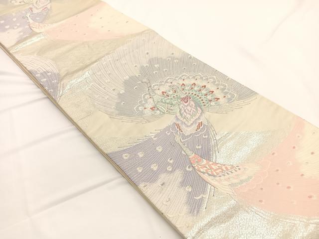 平和屋着物◎六通柄袋帯 唐織 孔雀 銀糸 正絹 逸品 BAAW3327hv