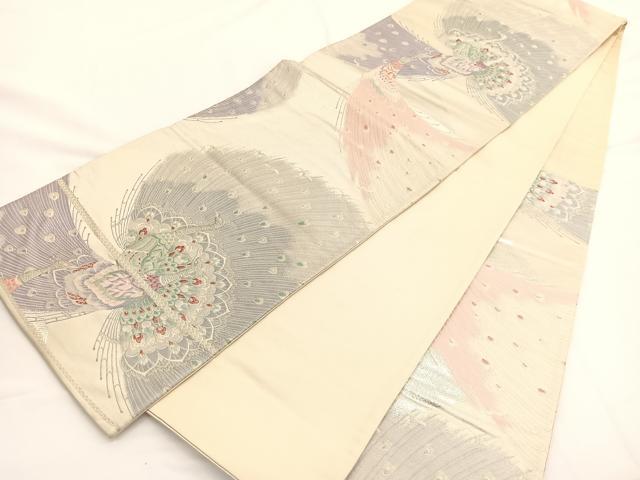 平和屋着物◎六通柄袋帯 唐織 孔雀 銀糸 正絹 逸品 BAAW3327hv