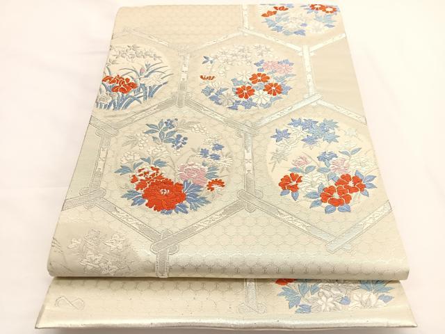 平和屋着物◎六通柄袋帯 唐織 亀甲花丸文 銀糸 正絹 逸品 BAAW3364hv