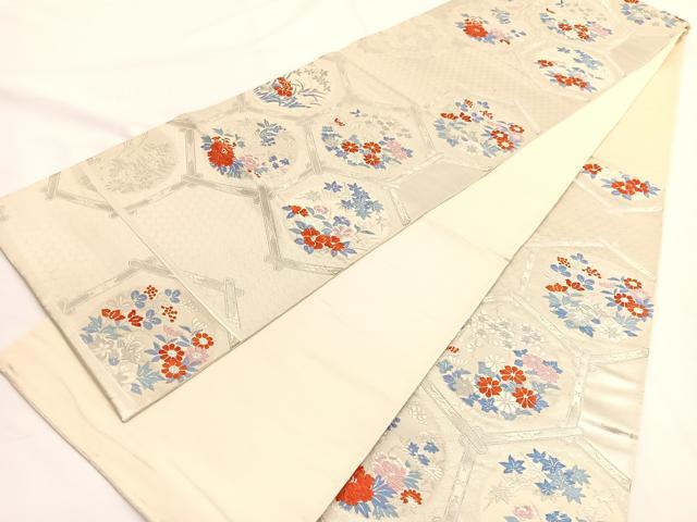 平和屋着物◎六通柄袋帯 唐織 亀甲花丸文 銀糸 正絹 逸品 BAAW3364hv