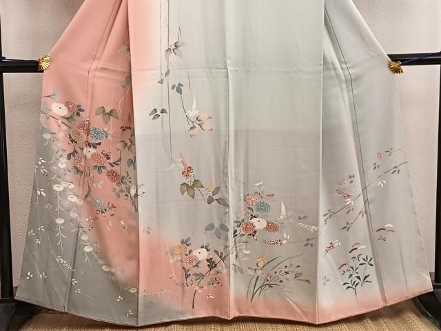 平和屋着物●訪問着 友禅 枝菊花文 暈し染め 正絹 逸品 未使用 BAAW3435mz