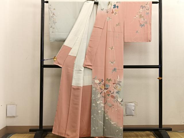 平和屋着物●訪問着 友禅 枝菊花文 暈し染め 正絹 逸品 未使用 BAAW3435mz