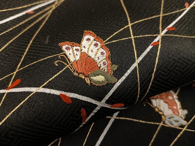 平和屋着物●訪問着 刺繍 舞蝶草葉文 黒地 金彩 正絹 逸品 BAAW3436mz
