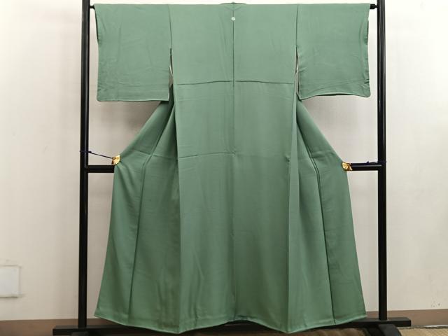 平和屋着物●上質な色無地 寿光織 松葉色 反端付き 正絹 逸品 BAAW3479mz