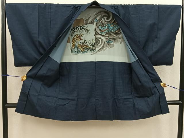 平和屋着物●男性 紬 アンサンブル 80亀甲 羽裏:龍・虎 正絹 逸品 BAAW3505mz