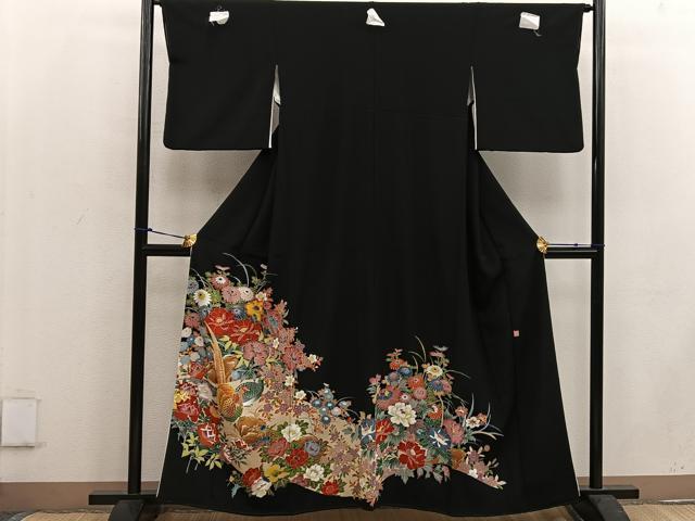 平和屋着物●豪華黒留袖 友禅 作家物 尾長鳥花文 正絹 逸品 BAAW3511mz