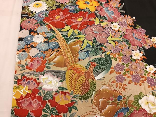 平和屋着物●豪華黒留袖 友禅 作家物 尾長鳥花文 正絹 逸品 BAAW3511mz