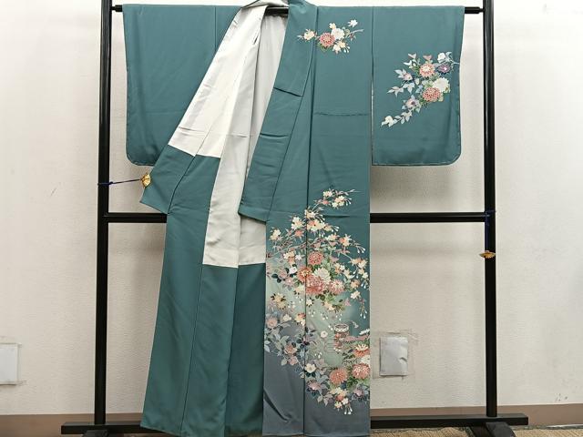 平和屋着物●訪問着 相良刺繍 枝菊花文 暈し染め 金彩 正絹 逸品 BAAW3520mz