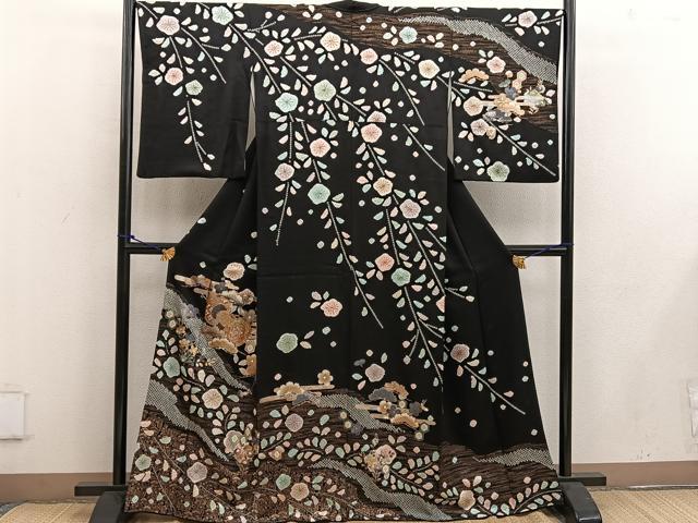 平和屋着物●訪問着 駒刺繍 絞り 鼓梅花文 黒地 金銀彩 正絹 逸品 BAAW3529mz