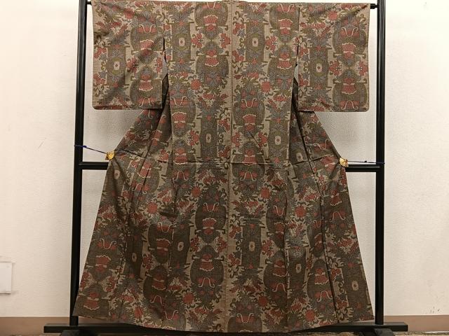 平和屋着物▽本場大島紬 単衣 7マルキ 更紗花文 正絹 逸品 BAAW3554mz