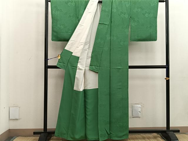 平和屋着物●上質な色無地 草葉地紋 松葉色 正絹 逸品 BAAW3609mz