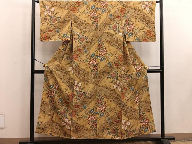 平和屋着物●結城紬 胴抜き仕立て 型染め 更紗花文 証紙付き 正絹 逸品 BAAW3656mz