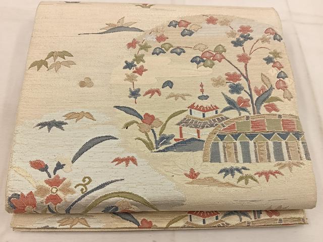 平和屋着物◎六通柄袋帯 風景花文 金銀糸 正絹 逸品 BAAW3847mz