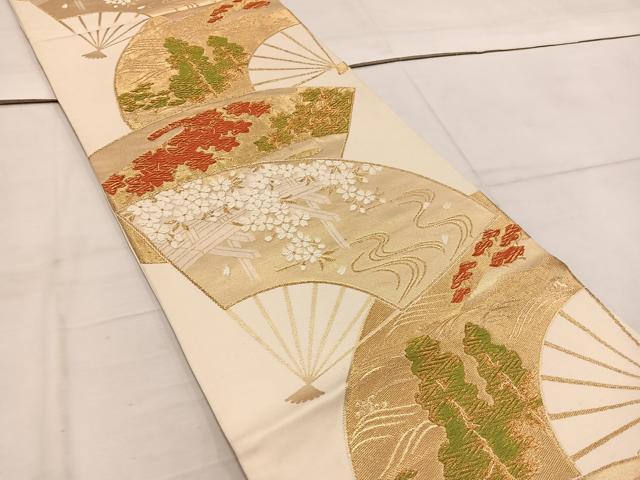平和屋着物◎六通柄袋帯 扇面花文 金糸 正絹 逸品 BAAW3849mz