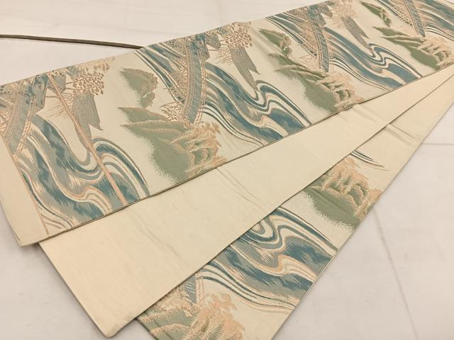 平和屋着物◎六通柄袋帯 渡橋風景文 金糸 正絹 逸品 BAAW3857mz