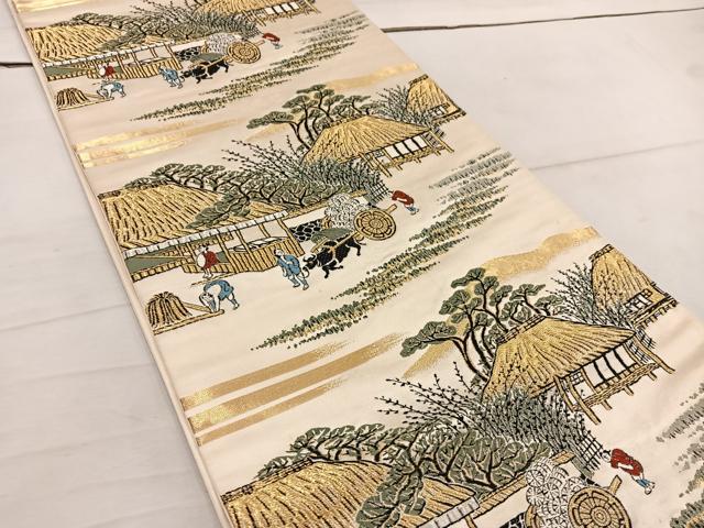 平和屋着物◎六通柄袋帯 唐織 人物風景文 金糸 正絹 逸品 BAAW3864mz