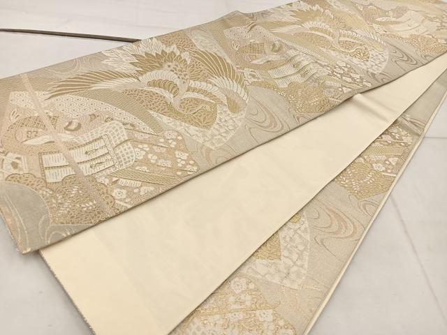平和屋着物◎六通柄袋帯 綾綴 御所車飛鶴花文 金糸 正絹 逸品 BAAW3906mz