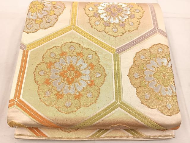 平和屋着物◎六通柄袋帯　唐織　亀甲花文　金銀糸　正絹　逸品　AABI1016yx 平和屋着物◎六通柄袋帯 唐織 亀甲花文 金銀糸 正絹 逸品