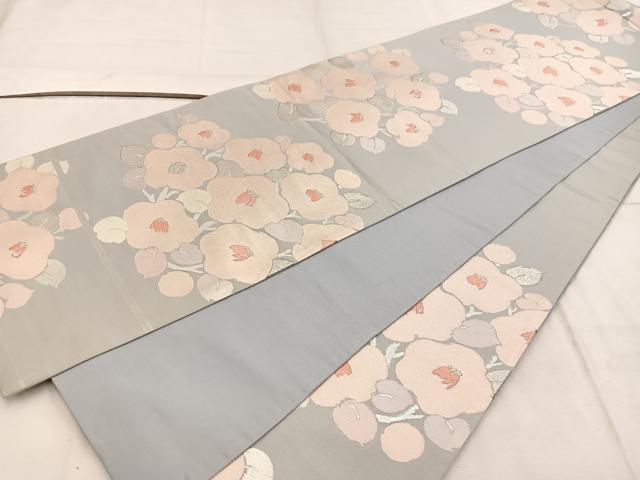平和屋着物◎六通柄袋帯 唐織 椿 銀糸 正絹 逸品 BAAW3968mz