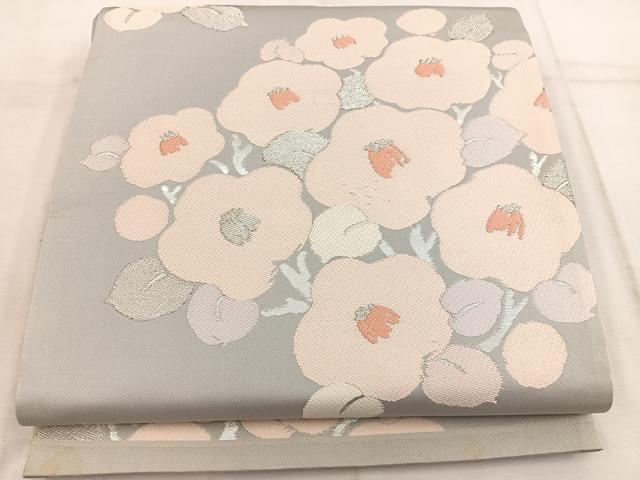 平和屋着物◎六通柄袋帯 唐織 椿 銀糸 正絹 逸品 BAAW3968mz