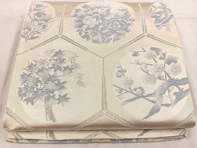 平和屋着物◎六通柄袋帯 唐織 亀甲花丸文 銀糸 正絹 逸品 BAAW3972mz