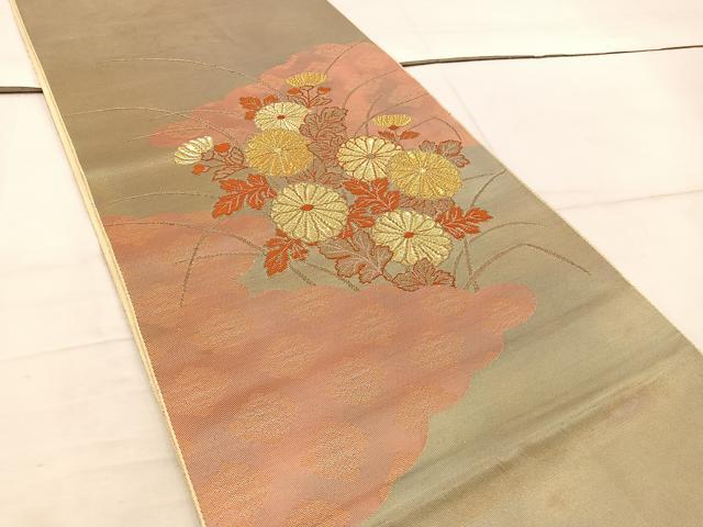 平和屋着物◎西陣 服部織物謹製 太鼓柄袋帯 こはく錦 菊蒔絵文様 金糸 正絹 逸品 BAAW3987mz